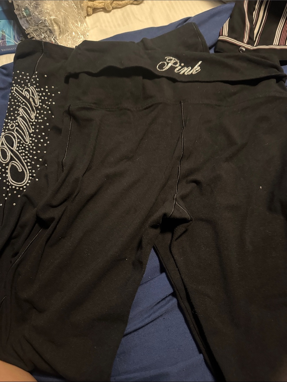 PINK Victoria's Secret Black Rhinestone Logo Fold-Over Waist Leggings